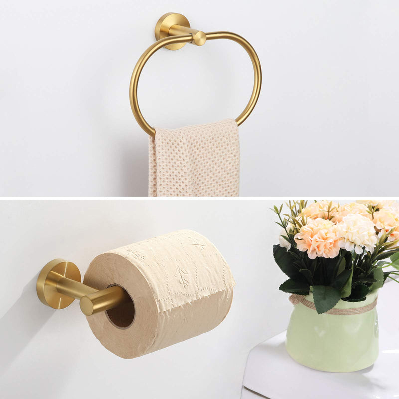 APLusee 2 Pieces Bathroom Hardware Set Brushed Gold, Contemporary Stainless Steel Storage Accessories Kit with Oval Hand Towel Ring, Toilet Paper Holder Wall Mounted - NewNest Australia