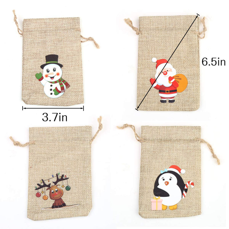 CCINEE 36pc Christmas Linen Bags with Drawstrings Christmas Burlap Goody Gift Bags with Double Jute Drawstrings, 4 designs Snowman, Santa Claus, Penguin and Elk 36 pcs - NewNest Australia