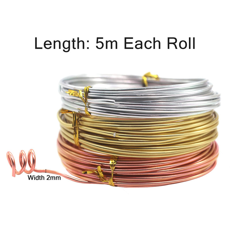 Cinvo 3 Rolls Craft Wire Jewelry Beading Wire Flexible Aluminum Wire Tarnish Resistant for DIY Jewelry Craft Making (12 Gauge/2mm Thick, Silver, Gold and Rose Gold) 2mm round wire - NewNest Australia