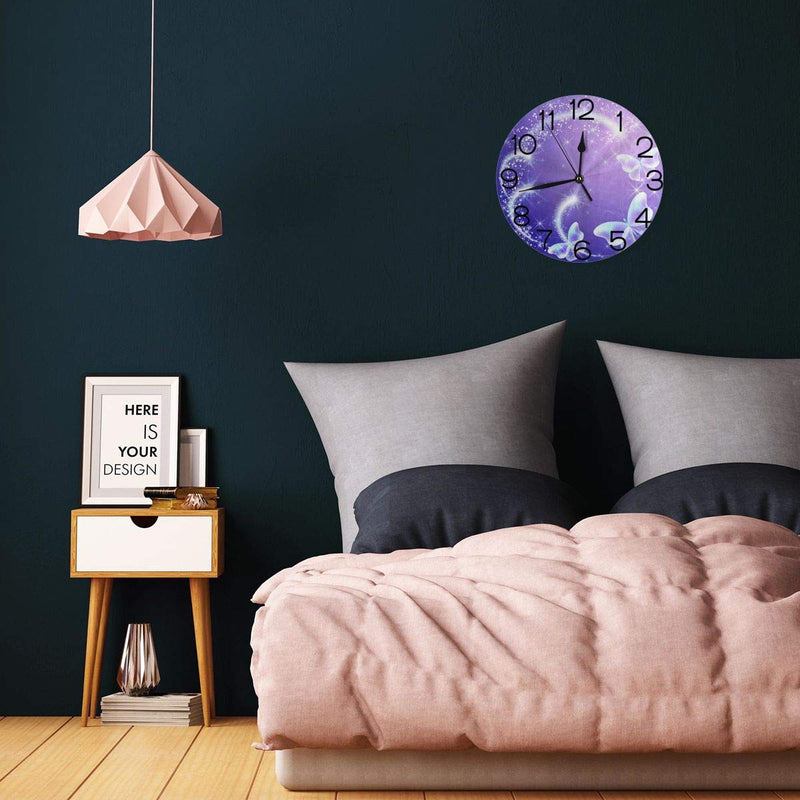 NewNest Australia - Round Wall Clock Purple Butterfly with Glowing Firework and Sparkle Star Silent Non Ticking Decorative Clocks Quartz Quiet Desk Clock for Home 
