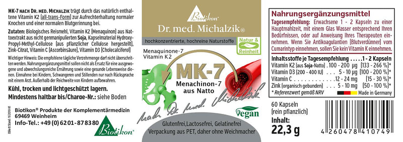 Vitamin K2 MK7 according to Dr. med. Michalzik - All-Trans content 99% - per daily recommendation K2 content [200µg] [266%] - without additives - from BIOTIKON® - NewNest Australia