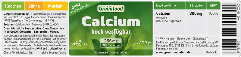Greenfood - Calcium tablets - 300 vegan tablets - High bioavailability - Covered daily requirements - Essential for teeth, bones and muscles 300 pieces (pack of 1) - NewNest Australia