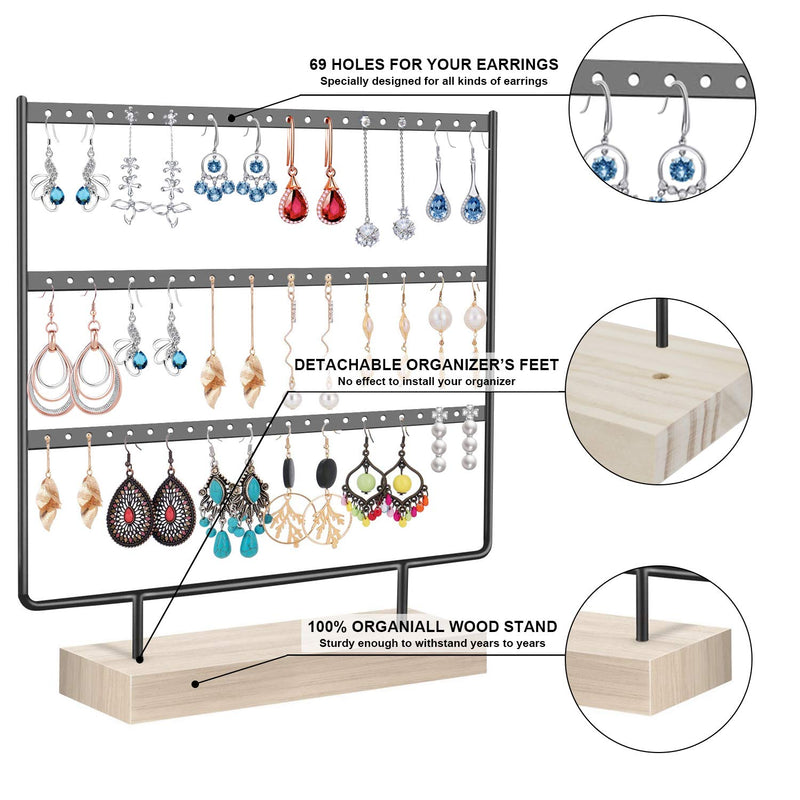Earrings Organizer Jewelry Display Stand, 3-Tier Earring Holder Rack for Hanging Earrings, Metal and Wood Basic Large Storage Earring Jewelry Display Tree as Women Girls Gift Black - NewNest Australia