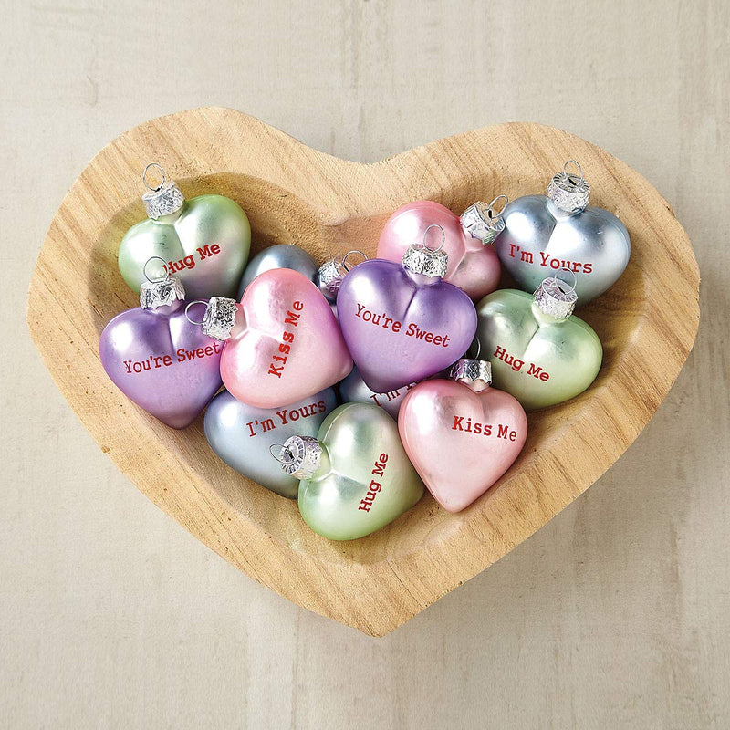 NewNest Australia - Lillian Vernon Pastel Candy Conversation Hearts Glass Valentine's Day Ornaments - Set of 12, 4 Designs, Party Decorations, Holiday Home Decor, 1-1/4" x 2" x 2-1/2" 