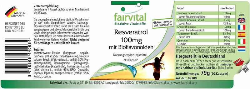 Fairvital | Resveratrol 100mg capsules with bioflavonoids - VEGAN - 90 capsules - with rutin, OPC and quercetin - NewNest Australia