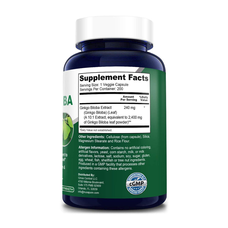 Ginkgo Biloba Extract 2400 mg Per Veggie Caps 200 Capsules (Vegetarian,Non-GMO, Gluten Free & Extract 10:1) - NewNest Australia