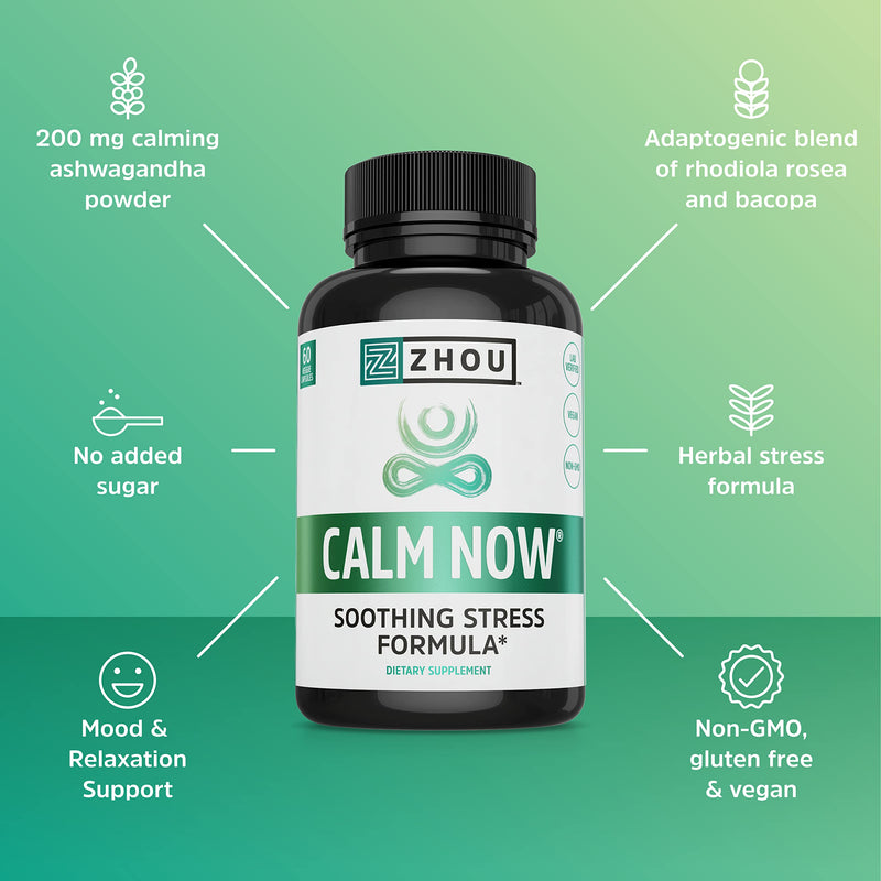 Zhou Calm Now Soothing Support with B Vitamins, Ashwagandha, Magnesium & Zinc, Relax, Focus & Positive Mind, Supports Serotonin Increase, Non-GMO, Vegan, Gluten-Free, 30 Servings - 60 VegCaps - NewNest Australia