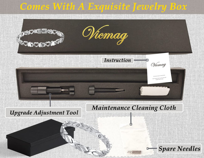 Vicmag 2PCS Titanium Steel Magnetic Bracelets for Women with Ultra Strength 3500 Gauss Magnets, Neat and Sparkly Crystal Love Style Design, Gift Box with Adjustment Tool (Crystal Silver) Crystal Silver - NewNest Australia
