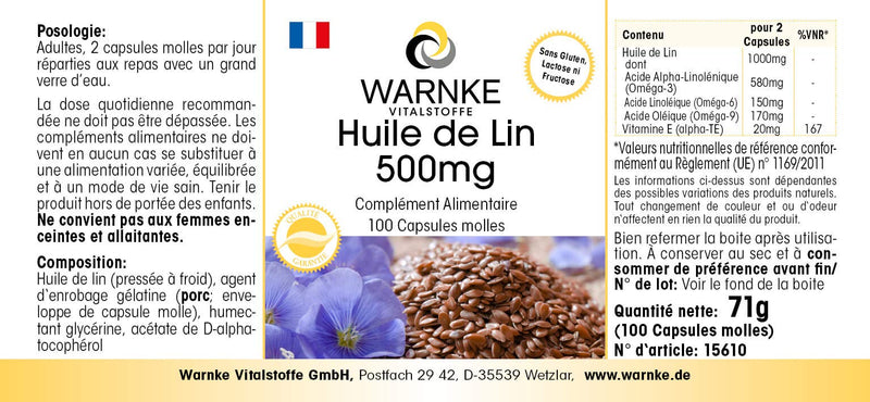 Flaxseed Oil Capsules - Vegetable Omega 3-6-9 Capsules - High Dose - Flaxseed Oil 500mg - 100 Softgels | Warnke vital substances - NewNest Australia