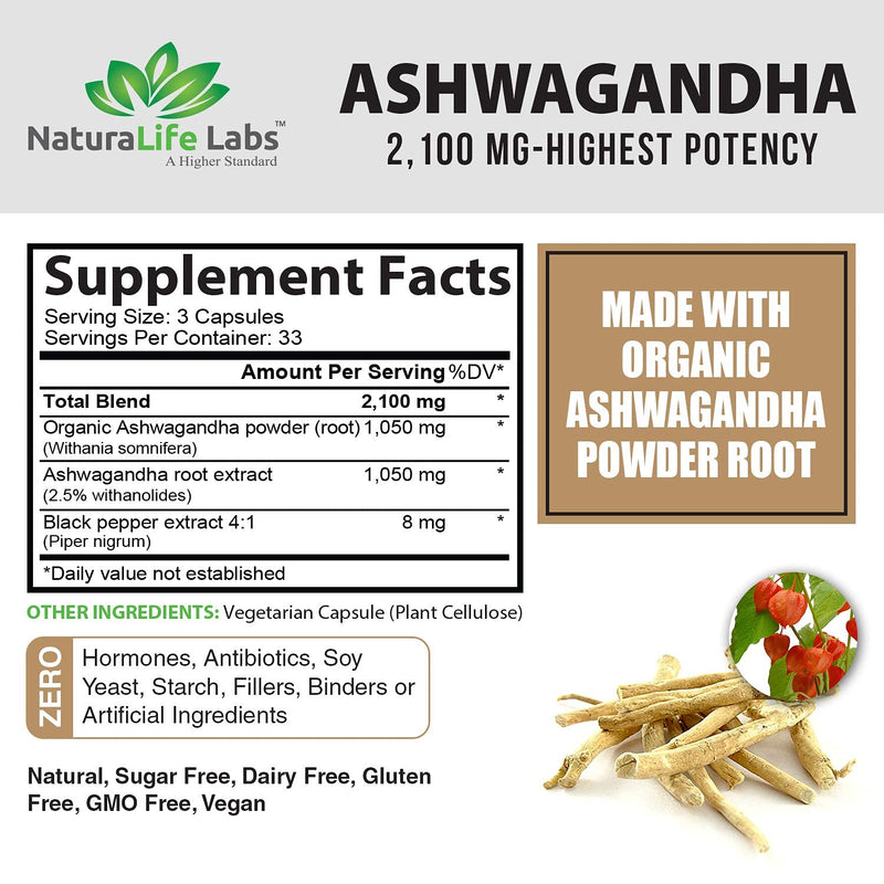 Organic Ashwagandha 2,100 mg - 100 Vegan Capsules Pure Organic Ashwagandha Powder and Root Extract - Stress Relief, Mood Enhancer, Immune & Thyroid Support - NewNest Australia