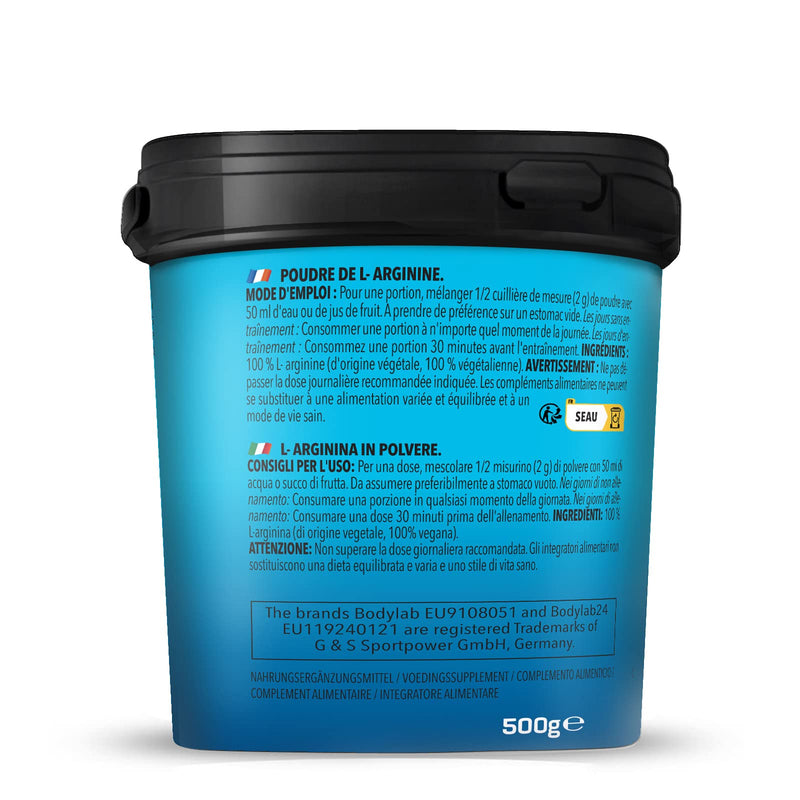 Bodylab24 L-Arginine Powder 500 G, Pure Arginine Powder, 2000 Mg Arginine Per Can, Made From Corn & Sugar Beet Molasses, Sugar And Aspartame Free, Ideal For Combining With Creatine And Beta-Alanine - NewNest Australia