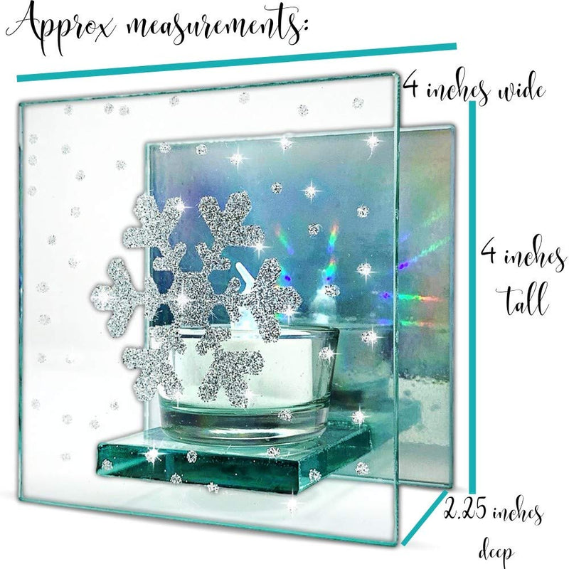 NewNest Australia - BANBERRY DESIGNS Snowflake Candles - Clear and Silver Glass Candle Holder Painted with a Glittery Snow Flake Design - Mirrored Hologram Back 4 Inches Tall 