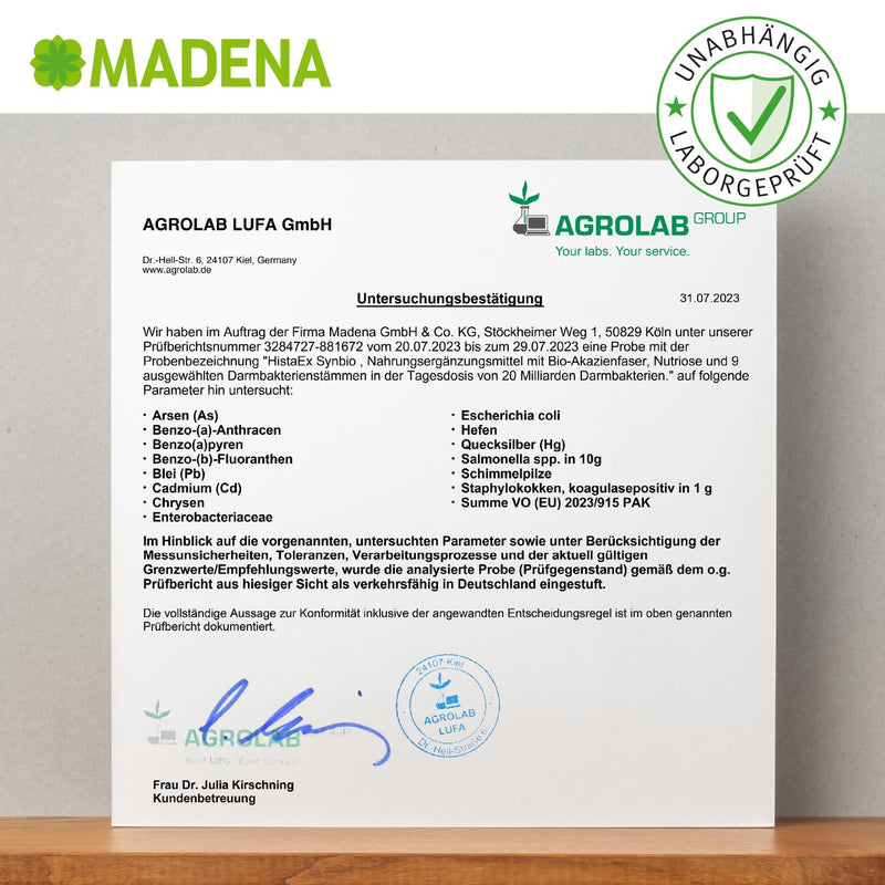 Madena Histaex Synbio - Lactic Acid Bacteria And Bifidobacteriate For Histamine Intolerance And Fructo Intolerance - 60 Capsules + 2 Soluble Fiber - Daily Dose Of 20 Billion Germs - NewNest Australia