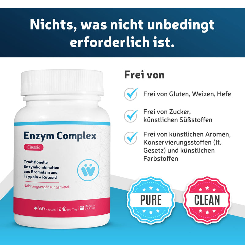 Enzyme Complex Classic - With high-dose bromelain pineapple enzyme + trypsin + rutoside - monthly pack with 60 enzyme capsules - traditional systemic enzyme combination - NewNest Australia