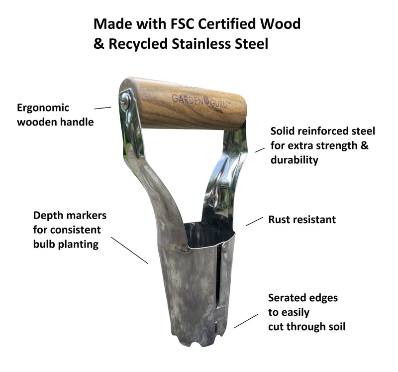 Garden Guru Stainless Steel Bulb Planter Tool for Planting Bulbs - Stainless Steel & Comfortable Wood Carved Handle - Depth Marker for Consistent Planting Flowers Tulips, Daffodils, Dahlias 1 Pack - NewNest Australia