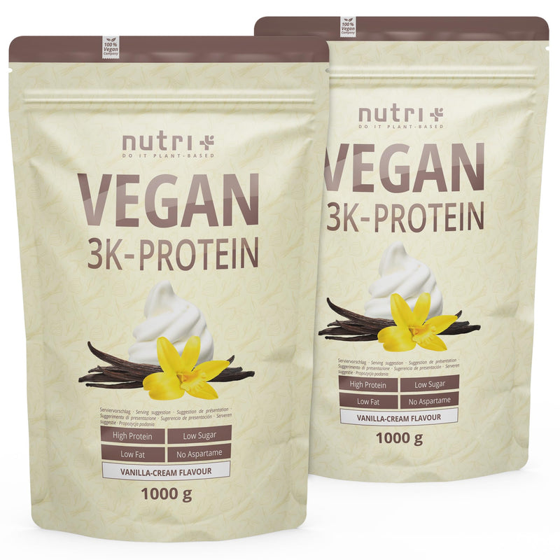 Nutri + Vegan Protein Powder Vanilla 1 kg 83% protein - 3k protein powder 1000 g - Shake Vanilla Cream Flavor - vegetable protein powder without lactose, aspartame, sugar, stevia & milk 1 kg (pack of 1) - NewNest Australia