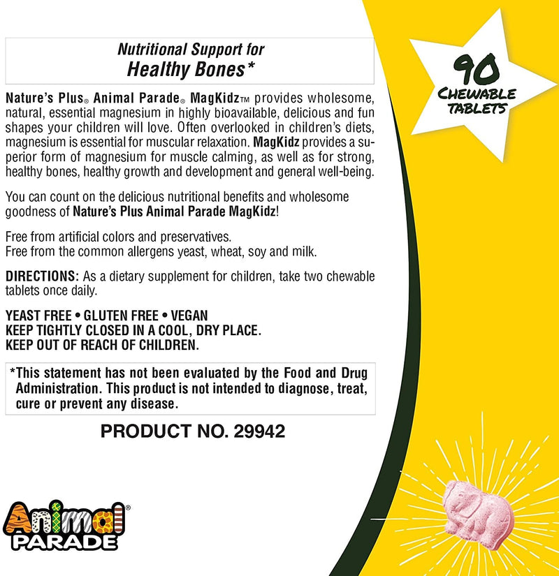 NaturesPlus Animal Parade Source of Life Sugar-Free MagKidz Children's Magnesium Supplement - Natural Cherry Flavor - 90 Chewable Tablets - Bone & Muscle Health Support - Gluten-Free - 45 Servings - NewNest Australia