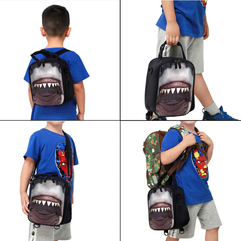 NewNest Australia - KIds Insulated Lunch Bags For Food Children 3D Shark Lunch Tote Box Meals With Shoulder Adjustable Strap And Water Bottle Holder 