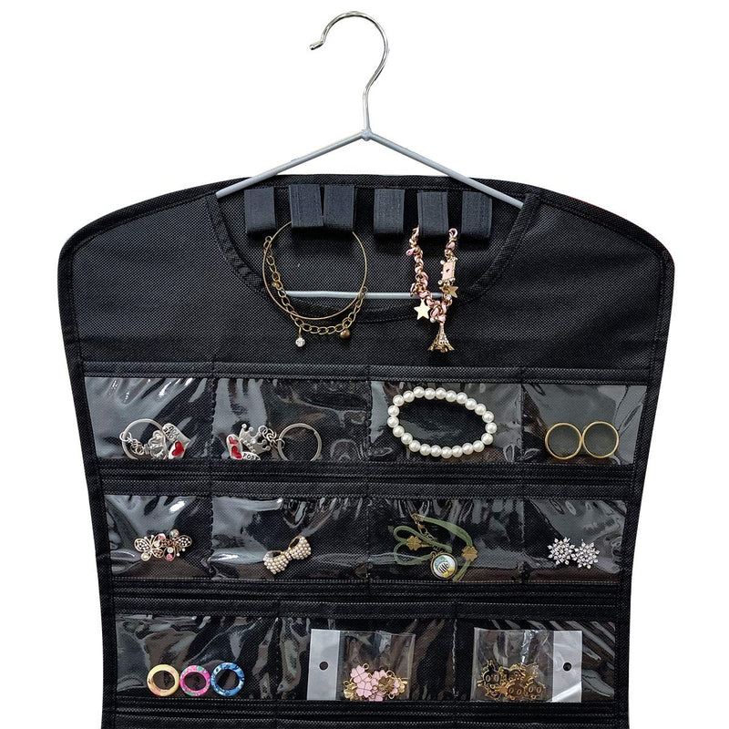 JSXD Hanging Jewelry Organizer,Dress-Like Double Side 84 Clear Pockets and 6 Hook Loops Storage for Holding Jewelries (Black) Black - NewNest Australia