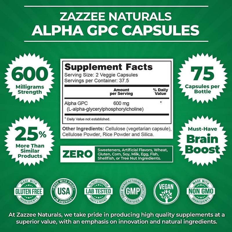 Zazzee Alpha GPC Choline 600 mg per Serving, 75 Count, Vegan, Support for Overall Brain Function, Memory, Focus and Concentration - NewNest Australia