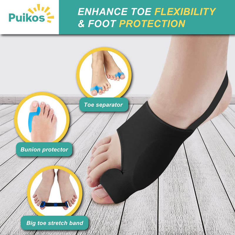 Puikos Hallux Valgus Toe Separator Toe Separator Set, 1 Pair Hallux Valgus Socks Bunion Corrector, 1 Big Toe Strap and 2 Toe Separators for Women Men (1 Toe/Large, Black) 1 Toe/Large - NewNest Australia