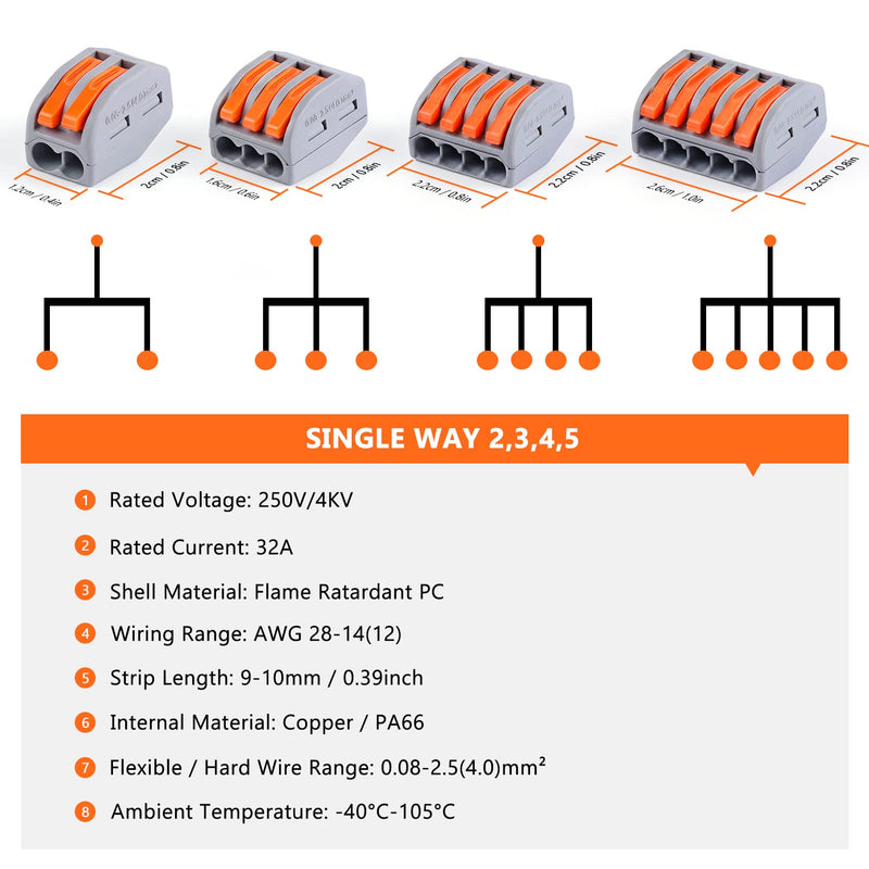 Delgada Compact Lever Wire Connector kit,100PCS Reusable 2/3/4/5 Port Push-in Nut Conductor Wiring Terminals kit for Stranded Solid&Flexible Wires,Universal Quick Splicing Wire Connectors 100PCS - NewNest Australia