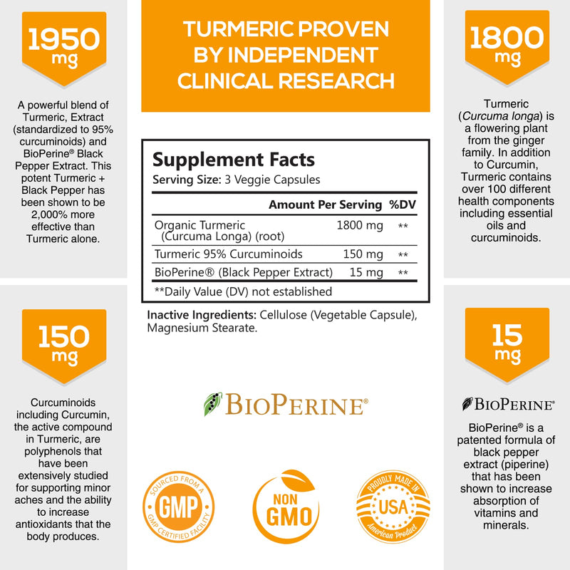 Turmeric Curcumin Highest Potency 95% Curcuminoids 1950mg with BioPerine Black Pepper for Ultra High Absorption, Made in USA, Best Vegan Joint Support by Natures Nutrition - 60 Capsules 60 Count (Pack of 1) - NewNest Australia