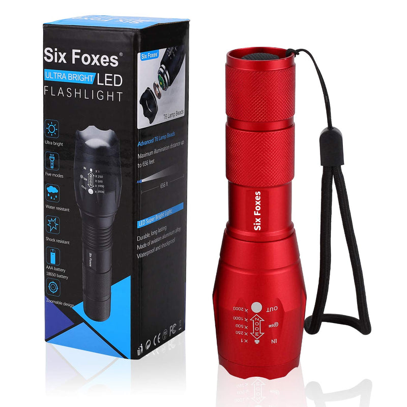 LED Tactical Flashlight, SIX FOXES Super Bright High Lumen Flashlight, CREE T6 Flashlight with 5 Modes, Zoomable Waterproof Flashlight Torch Light for Hiking, Camping - Red - NewNest Australia