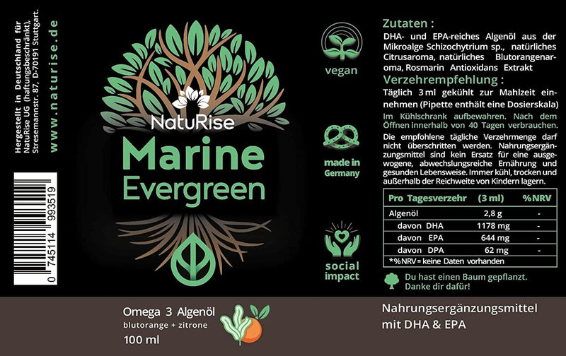 NatuRise® Omega 3 Vegan - Algae Oil - 1884mg DHA, EPA & DPA - High Dose - 100 ml - Laboratory Tested - Triglyceride Form - Pipette with Dosing Scale - UV Glass (Blood Orange + Lemon) Blood Orange + Lemon 100 ml (Pack of 1) - NewNest Australia