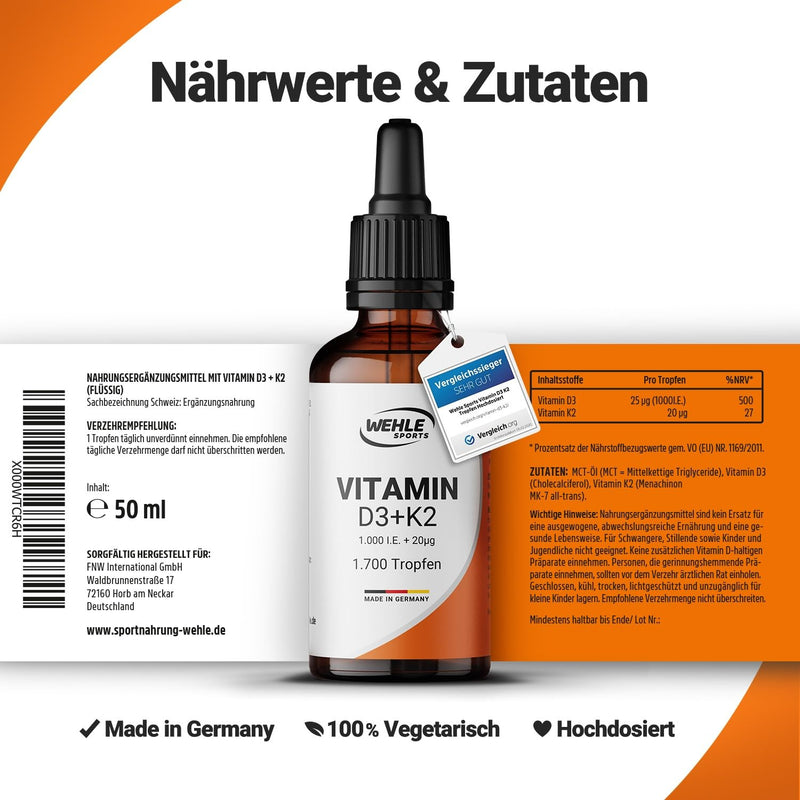 Wehle Vitamin D3 K2 drops high dosage with 1000 IU vitamin D3 and K2 & MCT oil - 50ml 1700 drops - NewNest Australia