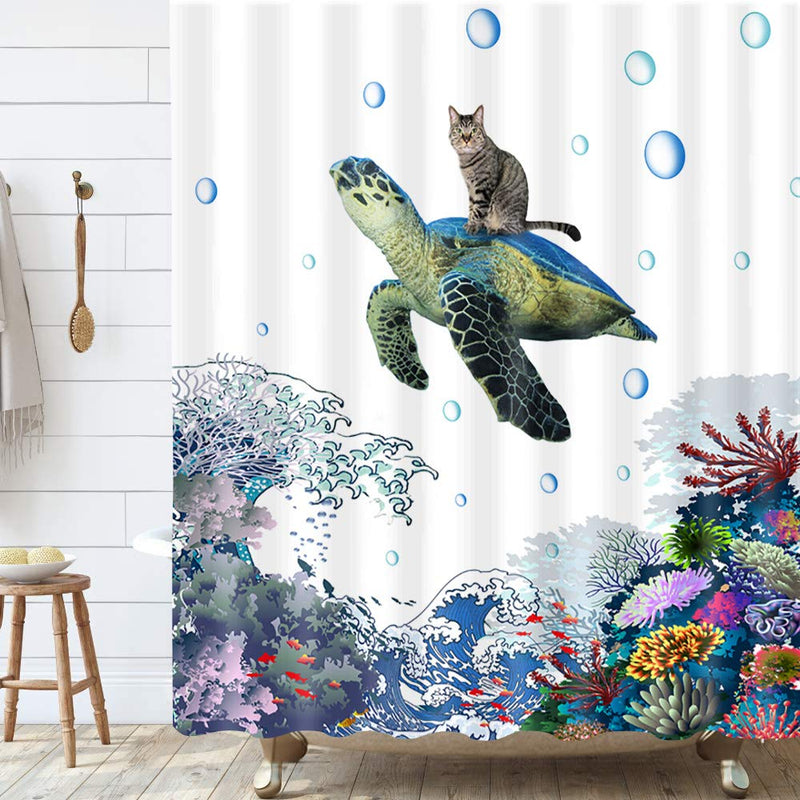 Funny Turtle Cat Shower Curtain , Hilarious Ocean Animal Shower Curtan Set, Cat Riding Turtle on Great Wave Coral Shower Curtain for Bathroom, Blue Fabric Bathroom Curtain with Hooks, 69x70inches 69"Wx70"L - NewNest Australia