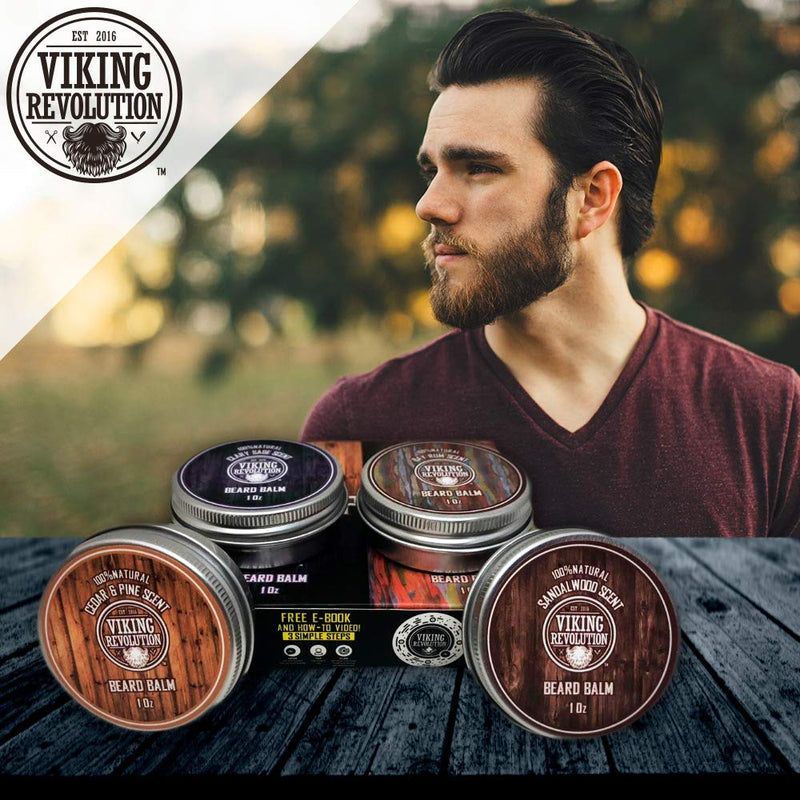 Viking Revolution Beard Balm Pack of 4 (28 g each) - Sandalwood, Cedar & Pine, Bay Rum, Clary Sage - Styles, Strengthens and Softens Beards & Mustaches - Nourishing Men 28.34 g (Pack of 4) - NewNest Australia