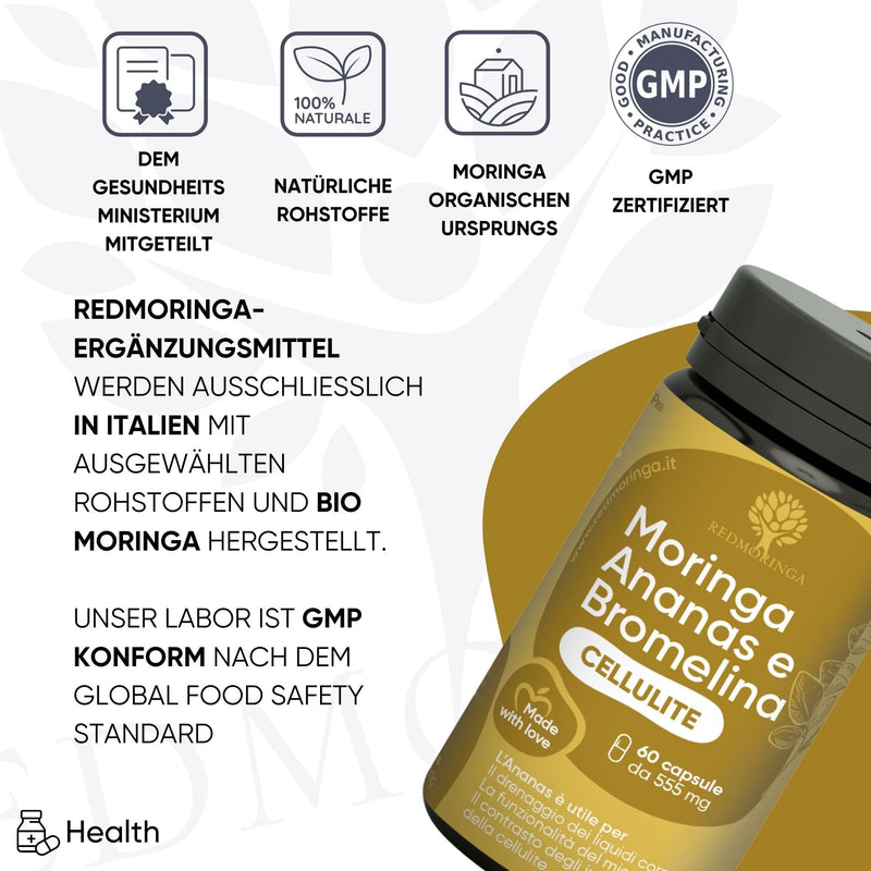 RedMoringa Anti-Cellulite, Powerful and Draining, 100% Natural Supplement, Contrasts Cellulite and Water Retention, Bromelain 5000 GDU Pineapple and Moringa (60 Capsules) 60 Capsules - NewNest Australia