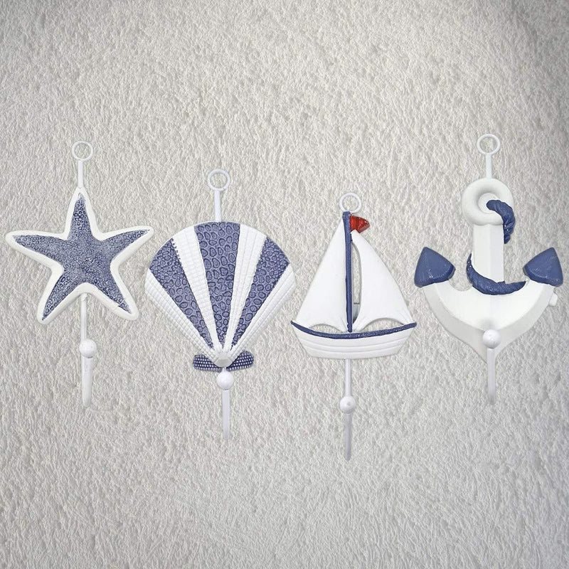 NewNest Australia - Beach Decorations - Nautical Themed Wall Hook Set of 4 -Starfish, Shell, Anchor and Sail Boat Design- Hangers for Towels, Robes, Aprons Hats - Ocean Wall Art 