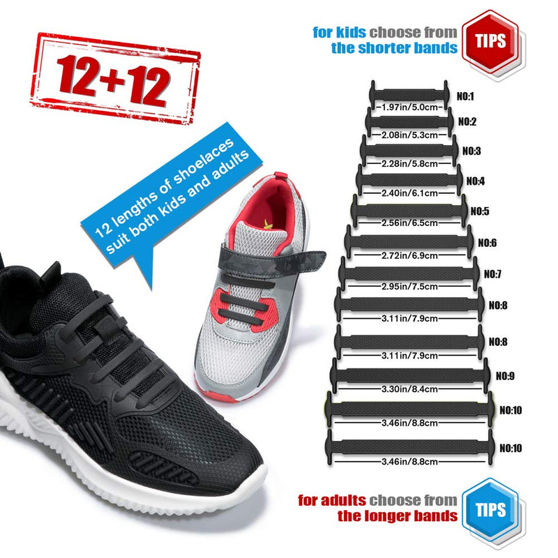 HOMAR No Tie Silicone Shoe Laces Elastic Strech Tiless Rubber Laces with 12 Colors for Kids Adults Trainers Waterproof Flat No Tie Shoelaces for Sneakers Board Shoes Casual Shoes Black - NewNest Australia
