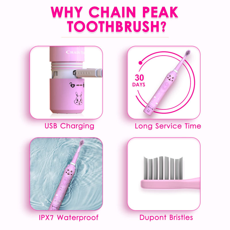 Kids Sonic Electric Toothbrush, Rechargeable Smart Toothbrush for Children, Sonic Toothbrush for Boys Girls Age 3-12 with 30s Reminder, 2 Mins Timer, 6 Modes, 4 Brush Heads, Wall-Mounted Stand… 8650 Pink+4 Heads+ Stand - NewNest Australia