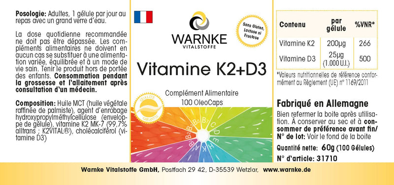 Vitamin K2 + D3 200µg / 1000 IU - 100 OleoCaps capsules from our own production - Original K2VITAL® 99.7% all-trans K2 MK-7 - German pharmacy quality - high dosage | Warnke vital substances - NewNest Australia