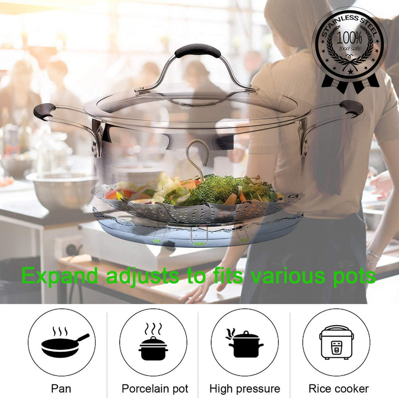 Vegetable Steamer Basket,Stainless Steel Folding Steamer Basket Insert for Cooking Veggies/Fish Seafood/Boiled Eggs with Safety Tool,Adjustable Sizes to fit Various Pots(5.5" to 9") 5.5" to 9" - NewNest Australia