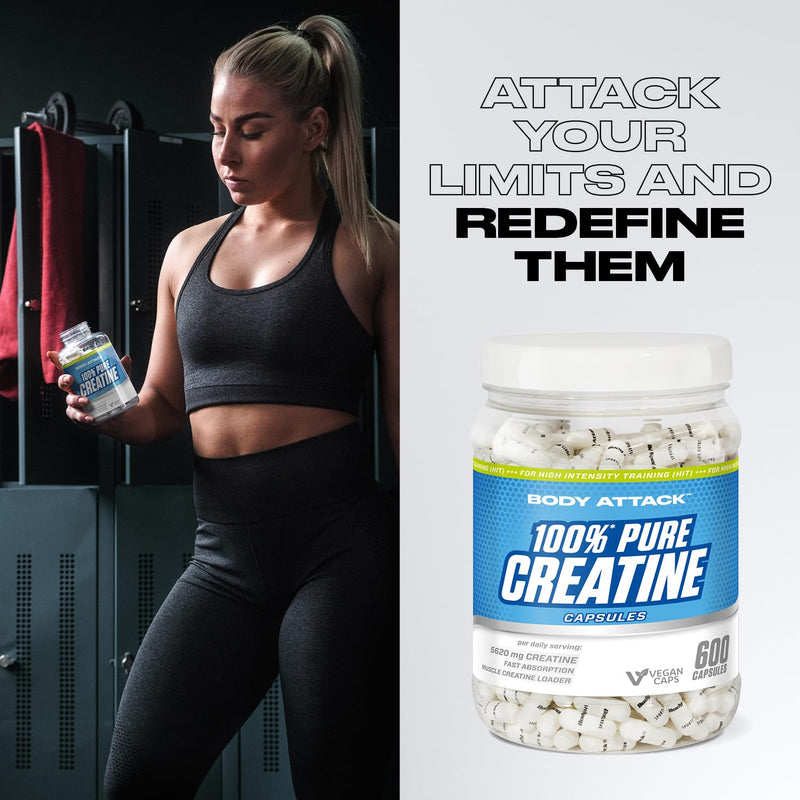 Body Attack 100% Pure Creatine - 600 capsules - Made in Germany - high-quality microfine creatine monohydrate - high-dose creatine capsules for practical use - before or after training 600 pieces (pack of 1) - NewNest Australia