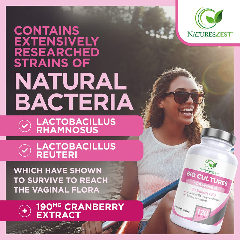 Natures Zest - Probiotics for Women - 50 Billion CFU with Prebiotics and Cranberry – 120 Vegan Capsules – Women’s Probiotic Supplement with Lactobacillus Reuteri and Acidophilus Probiotic - UK Made - NewNest Australia