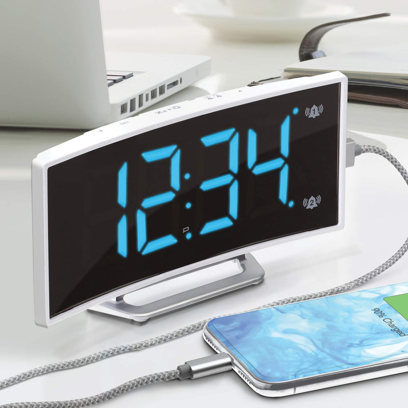 NewNest Australia - Marathon 2020 Edition USB Charging Alarm Clock, with Dimmable Curved Screen. 2 Alarms and Snooze Function. Battery Backup Included (White/Blue) White/Blue 