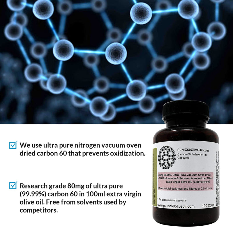 PureC60OliveOil C60 Olive Oil Capsules Pills 100ml / 3.4 Fl Oz - 99.99% Carbon 60 Solvent Free 80mg - Food Grade - Carbon 60 Olive Oil - From The Leading Global Producer - NewNest Australia