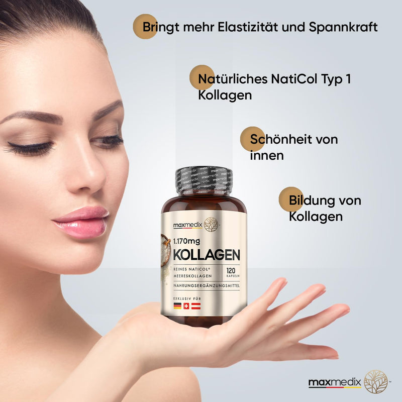 Collagen Capsules - 120 Pure Marine Collagen Capsules - 1,170 Mg Naticol Collagen Hydrolysate Type1 - Laboratory Tested In Germany By Agrolab - Fish Collagen - Collagen Protein Powder By Maxmedix - NewNest Australia