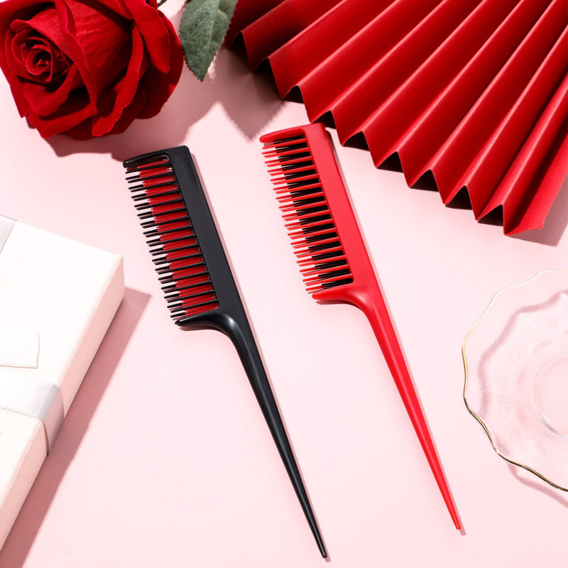 Patelai 2 Pieces Hairdressing Back Combing Triple Teasing Comb Rat Tail Comb Back Combing Hair Root Teasing, Adding Volume, Evening Styling, Black and Red - NewNest Australia