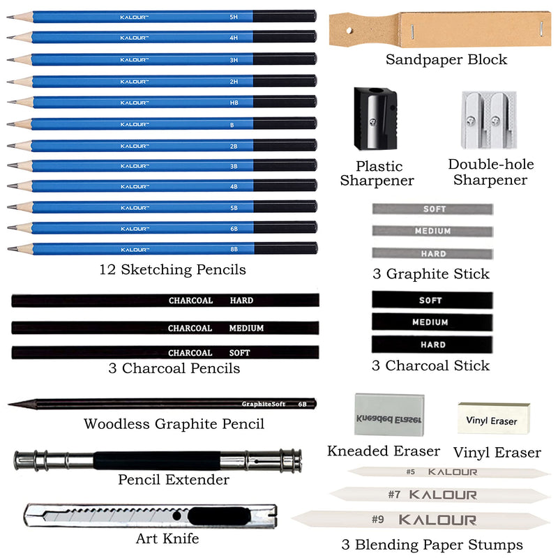 Kalour 33 Pieces Professional Drawing Sketching Pencils set,Portable Zippered Travel Case-Charcoal Pencils, sketch Pencils, Charcoal Stick.Drawing Supplies Perfect for Artists and Beginners - NewNest Australia