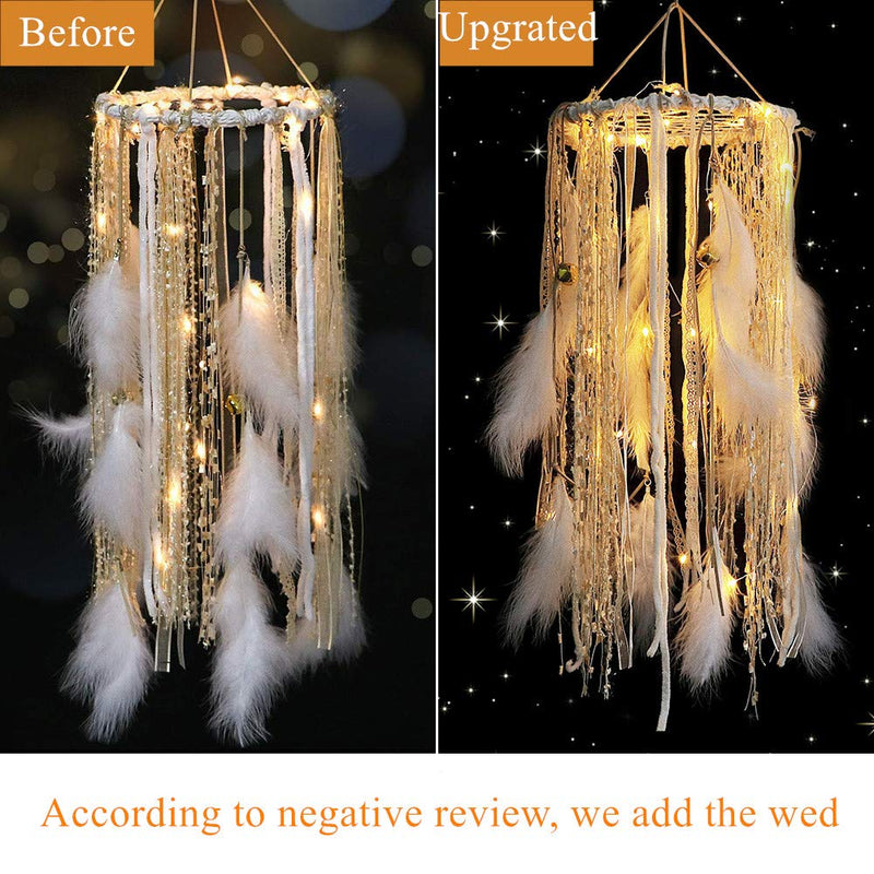 NewNest Australia - Dream Catcher Mobile Large Light Up Dream Catchers with Golden Shining Lace& Bells LED Fairy Lights Battery Powered Hanging Ornaments- 7.9Wx 22L Inches Feathers Wedding Boho Decorations Nursery Decor 