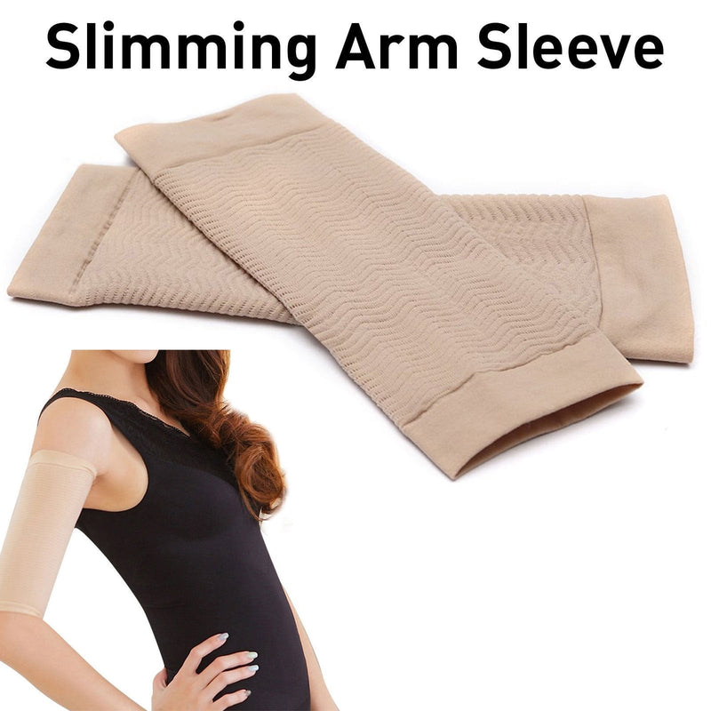 2 Pair Beauty Women Weight Loss Calories Slimming Arm Shaper Massager Lose Buster Wrap Belt Slimming Compression Arm Shaper Helps Tone Shape Upper Arms Sleeve, Black + Flesh Color - NewNest Australia