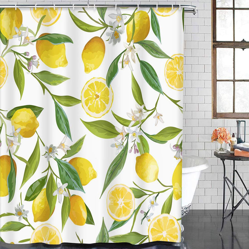 TOMPOP Shower Curtain Green Floral Pattern Lemon Fruits Flowers Leaves Elegant Exotic Waterproof Polyester Fabric Bathroom 72 x 72 inches Set Hooks 72"W x 72"L - NewNest Australia