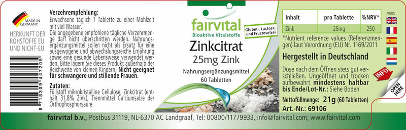Fairvital | Zinc tablets - 25mg zinc (elemental content) per tablet - made from zinc citrate - HIGH DOSE - VEGAN - 60 tablets - NewNest Australia