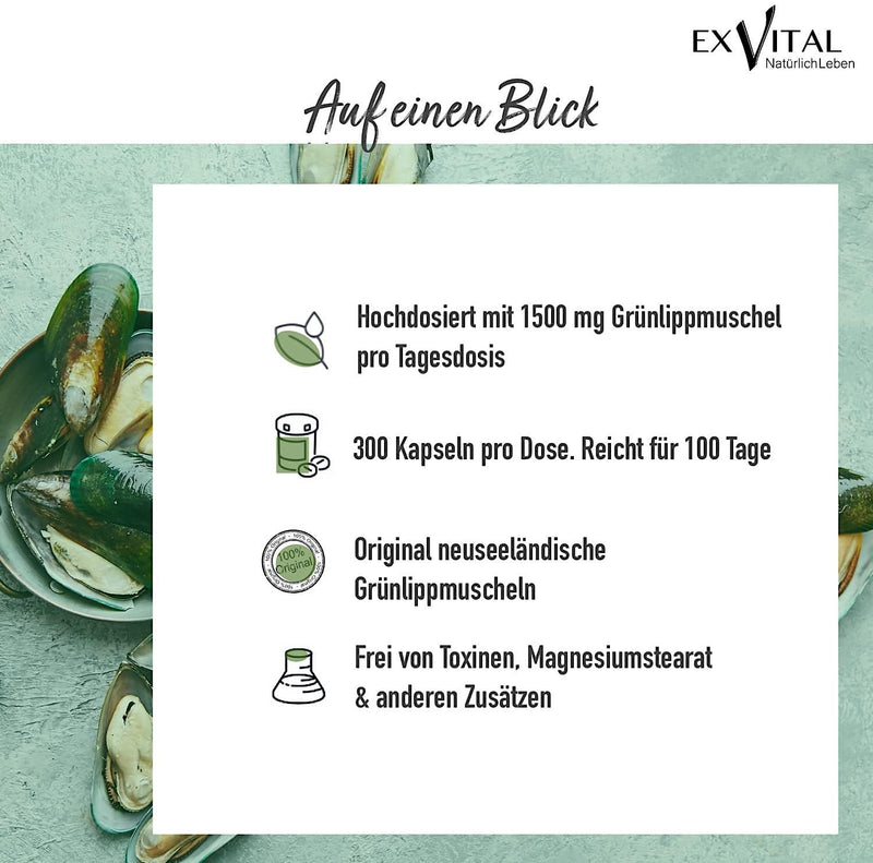 Green-Lipped Mussel 300 Capsules - Highly Concentrated, Exvital Vitahealth, 300 Capsules In German Premium Quality, No Magnesium Stearate, Apotest: "Very Good" - NewNest Australia